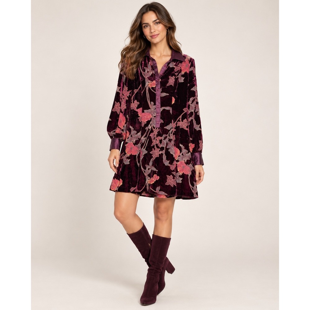 ModCloth Burgundy Floral Velvet Burnout Mini Dress Long Sleeve Satin Trim L